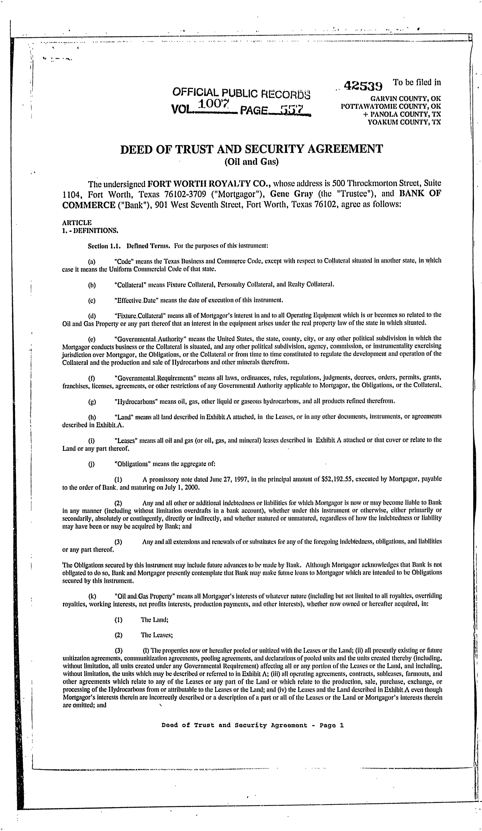 Fort Worth Royalty Co - Recorded Deed Of Trust (Vol. 1007, Page 557)