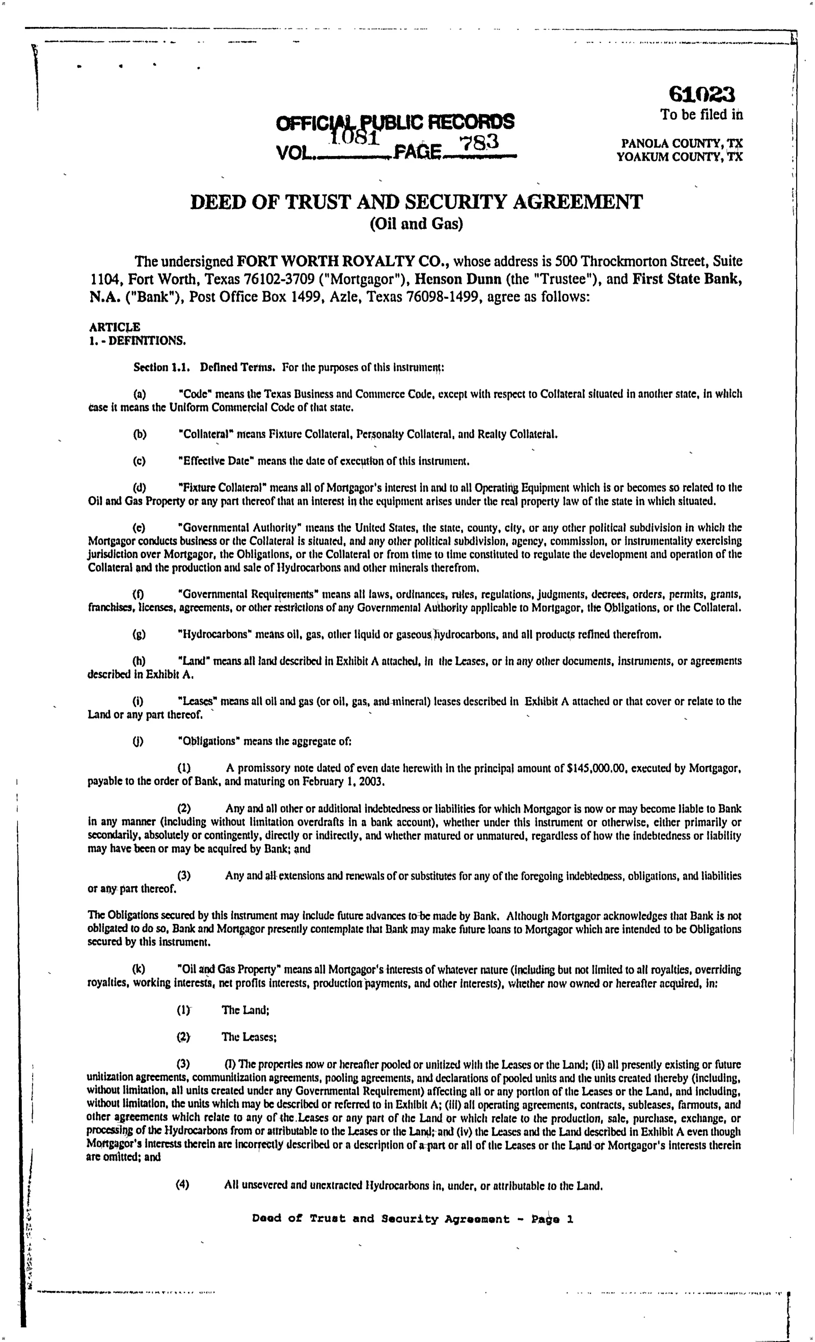 Fort Worth Royalty Co - Recorded Deed Of Trust (Vol. 1081, Page 783)